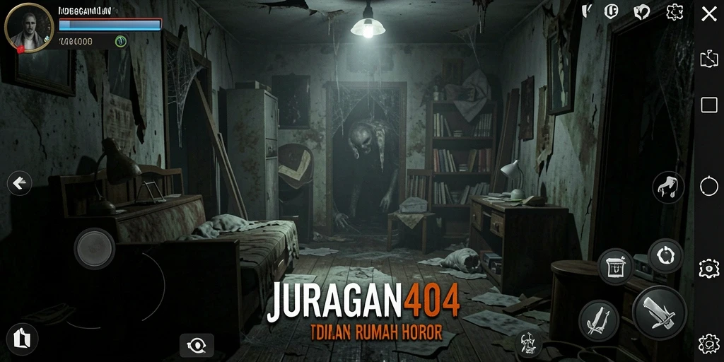 Antarmuka menakutkan JURAGAN404 menunjukkan suasana Horor Rumah yang mencekam.