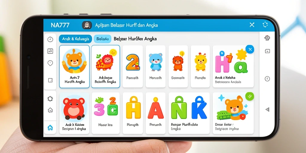 Antarmuka aplikasi NA777 untuk belajar huruf dan angka anak.